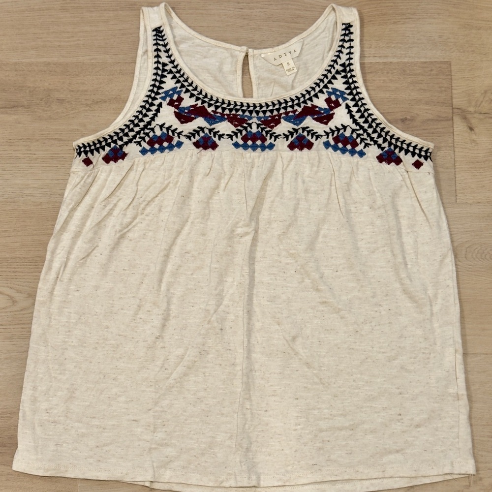 Adiva Cream Tank Top with Blue and Purple Embroidery